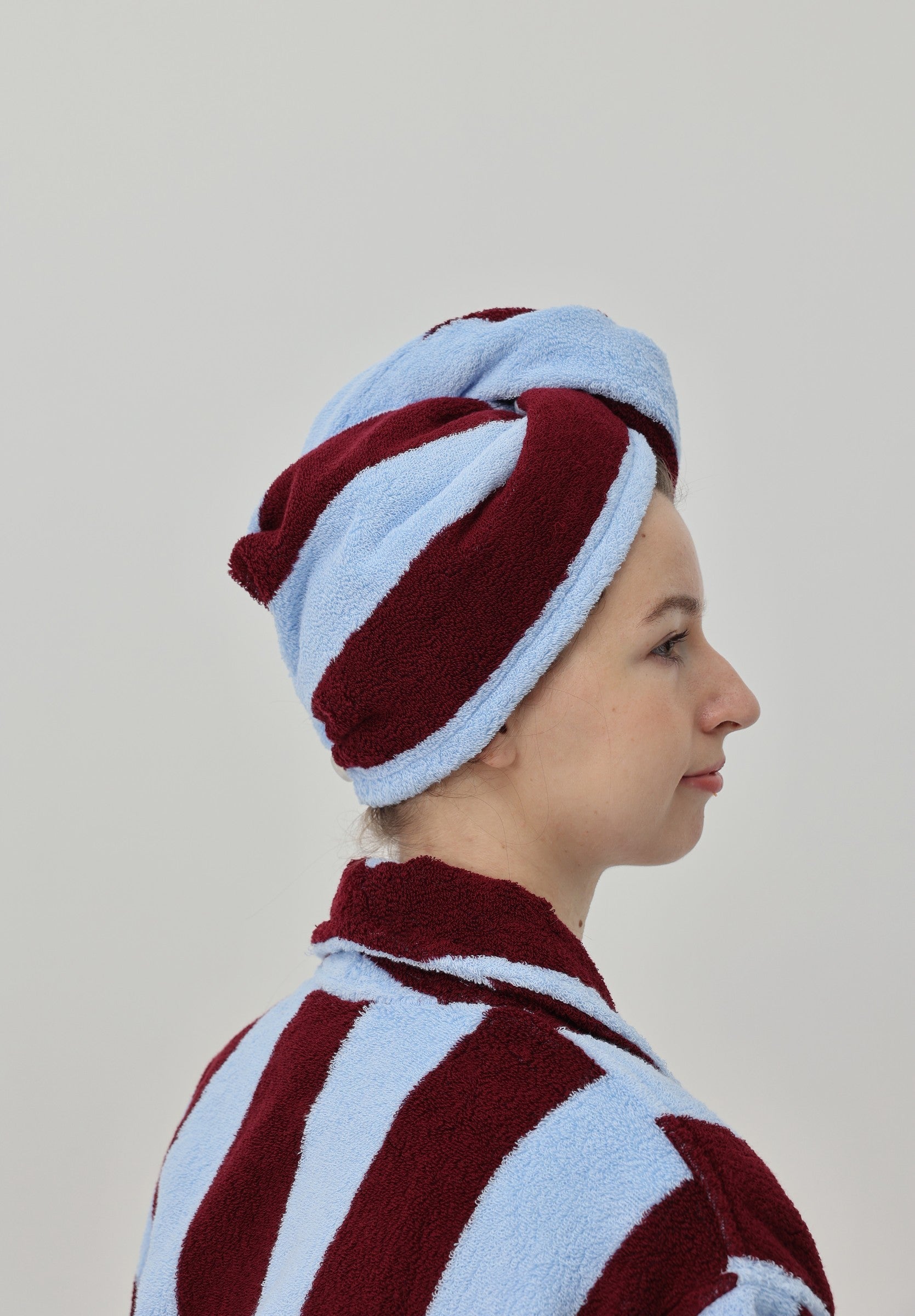 Retro Stripe Cotton Hair Towel Wrap - Sky Blue / Bordeaux - view 5