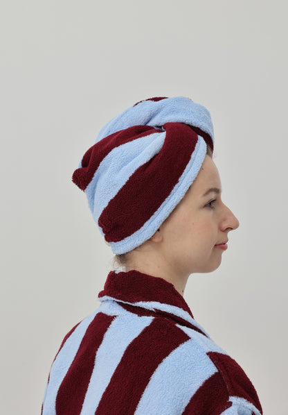 Retro Stripe Cotton Hair Towel Wrap - Sky Blue / Bordeaux - view 5