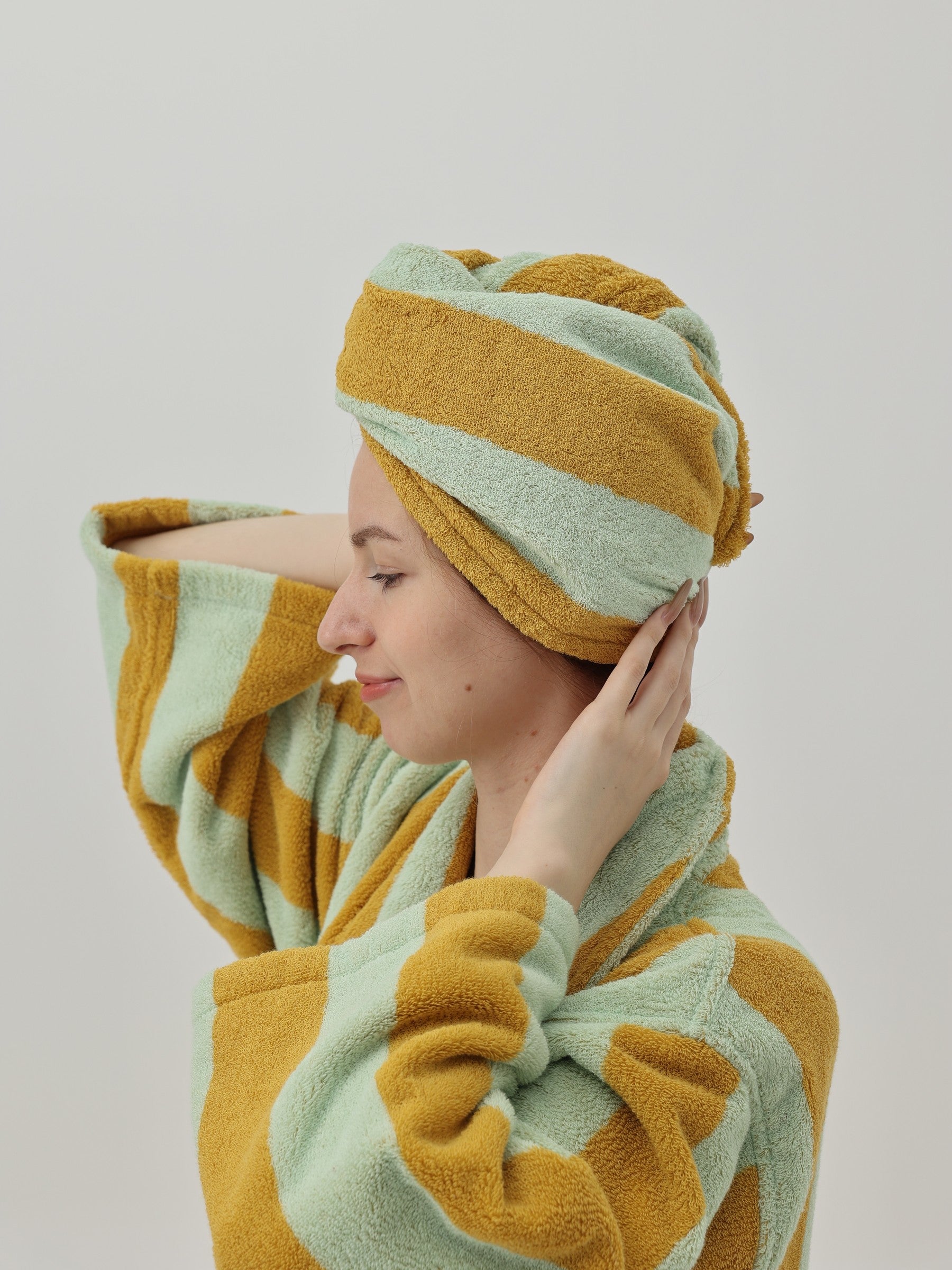 Retro Stripe Cotton Hair Towel Wrap - Teal / Yellow - view 2