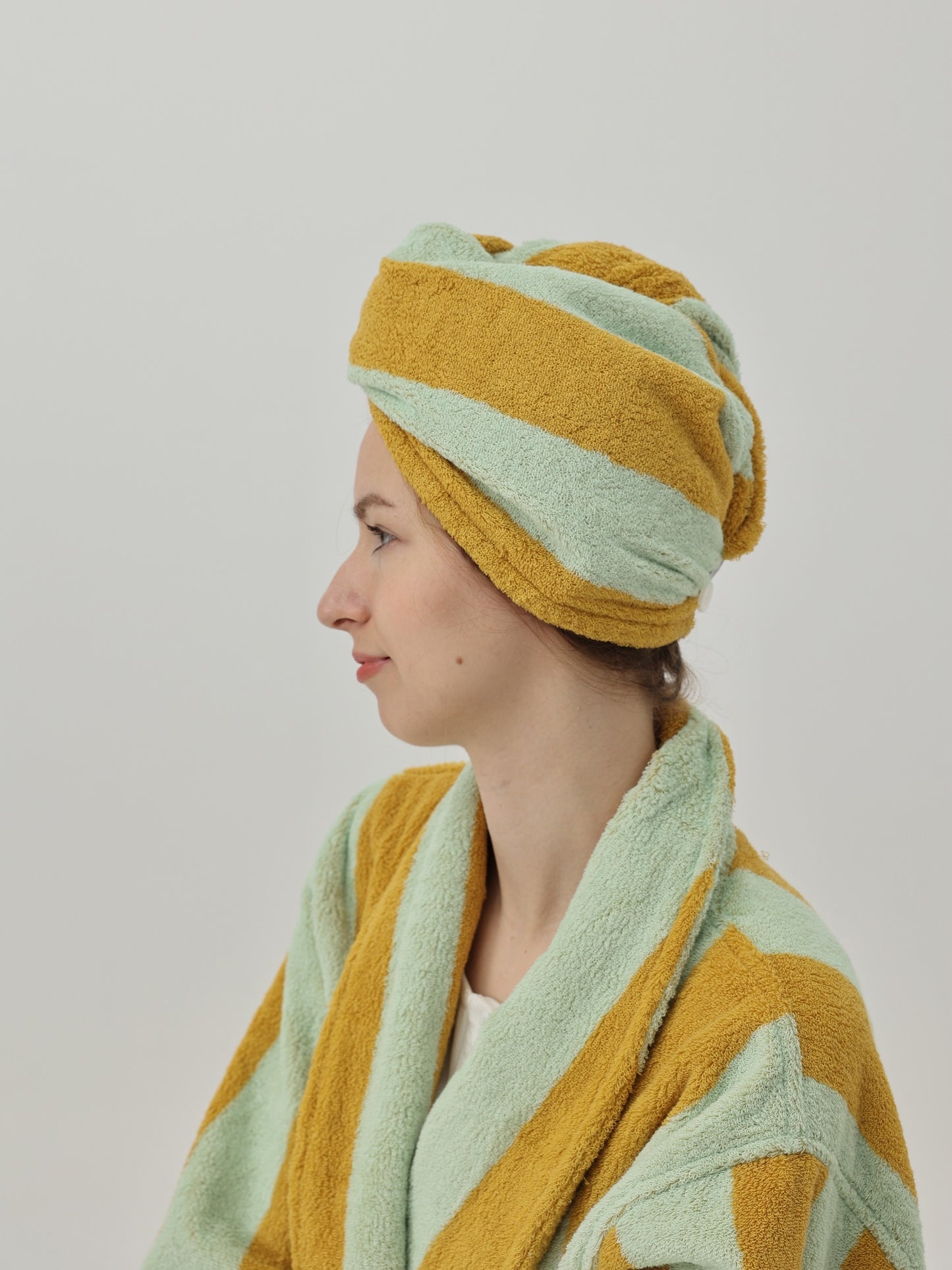 Retro Stripe Cotton Hair Towel Wrap - Teal / Yellow - view 3