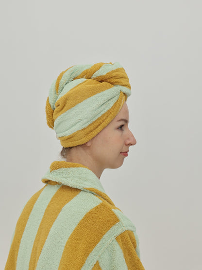 Retro Stripe Cotton Hair Towel Wrap - Teal / Yellow - view 4