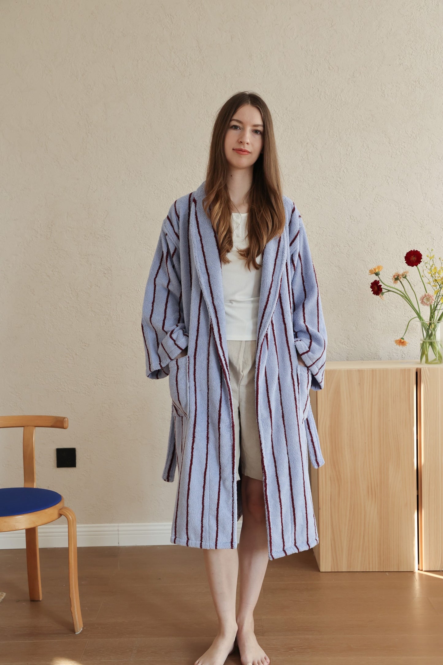 Retro Stripe Cotton Terry Bathrobe - Blue / Burgundy - view 1
