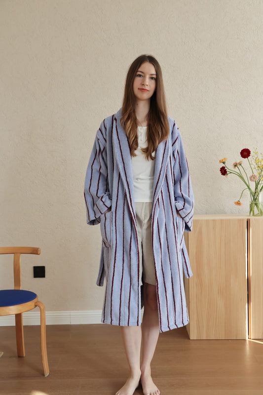 Retro Stripe Cotton Terry Bathrobe - Blue / Burgundy - view 1