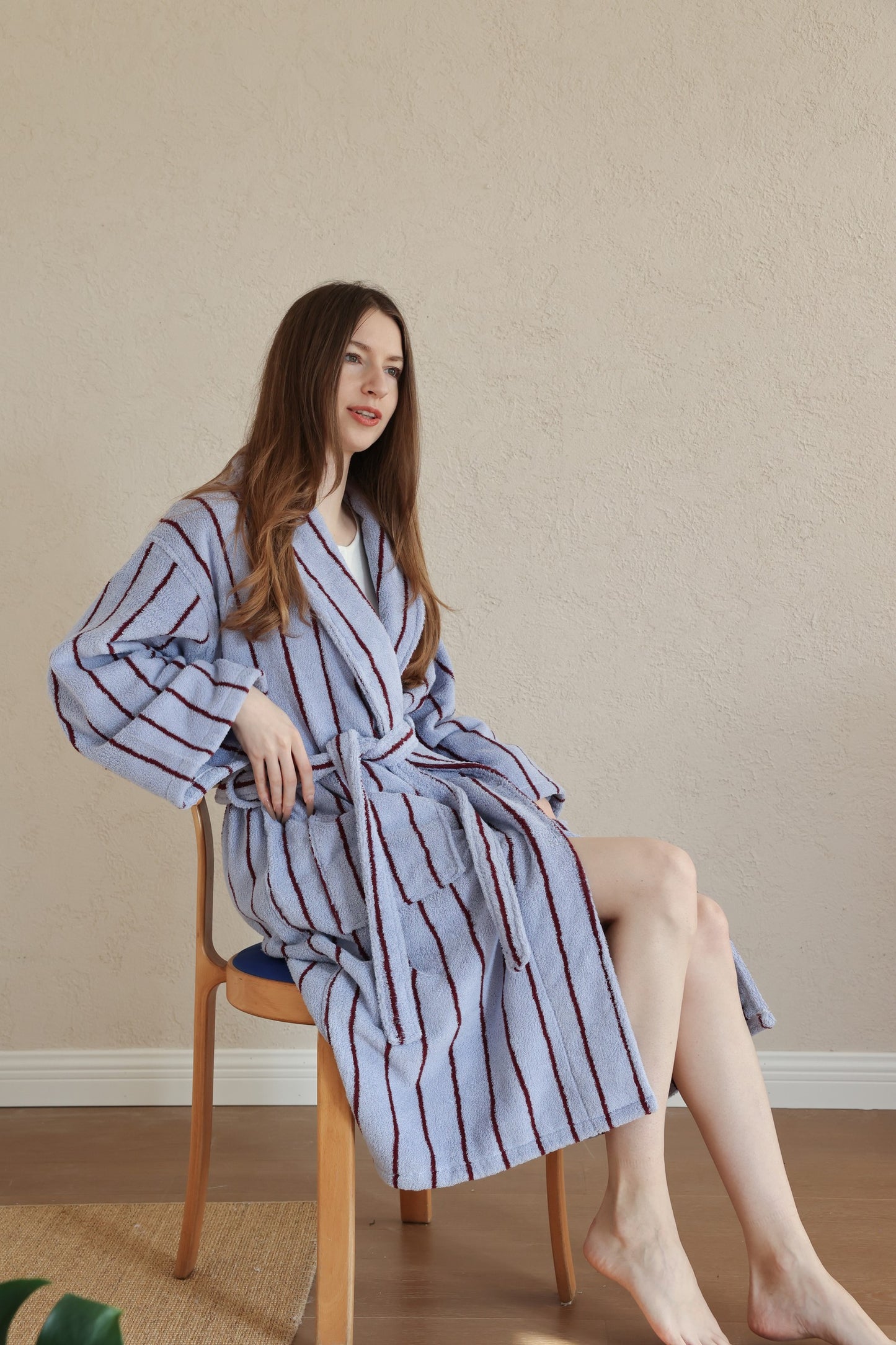 Retro Stripe Cotton Terry Bathrobe - Blue / Burgundy - view 2