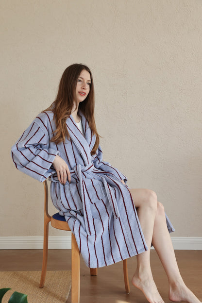 Retro Stripe Cotton Terry Bathrobe - Blue / Burgundy - view 2