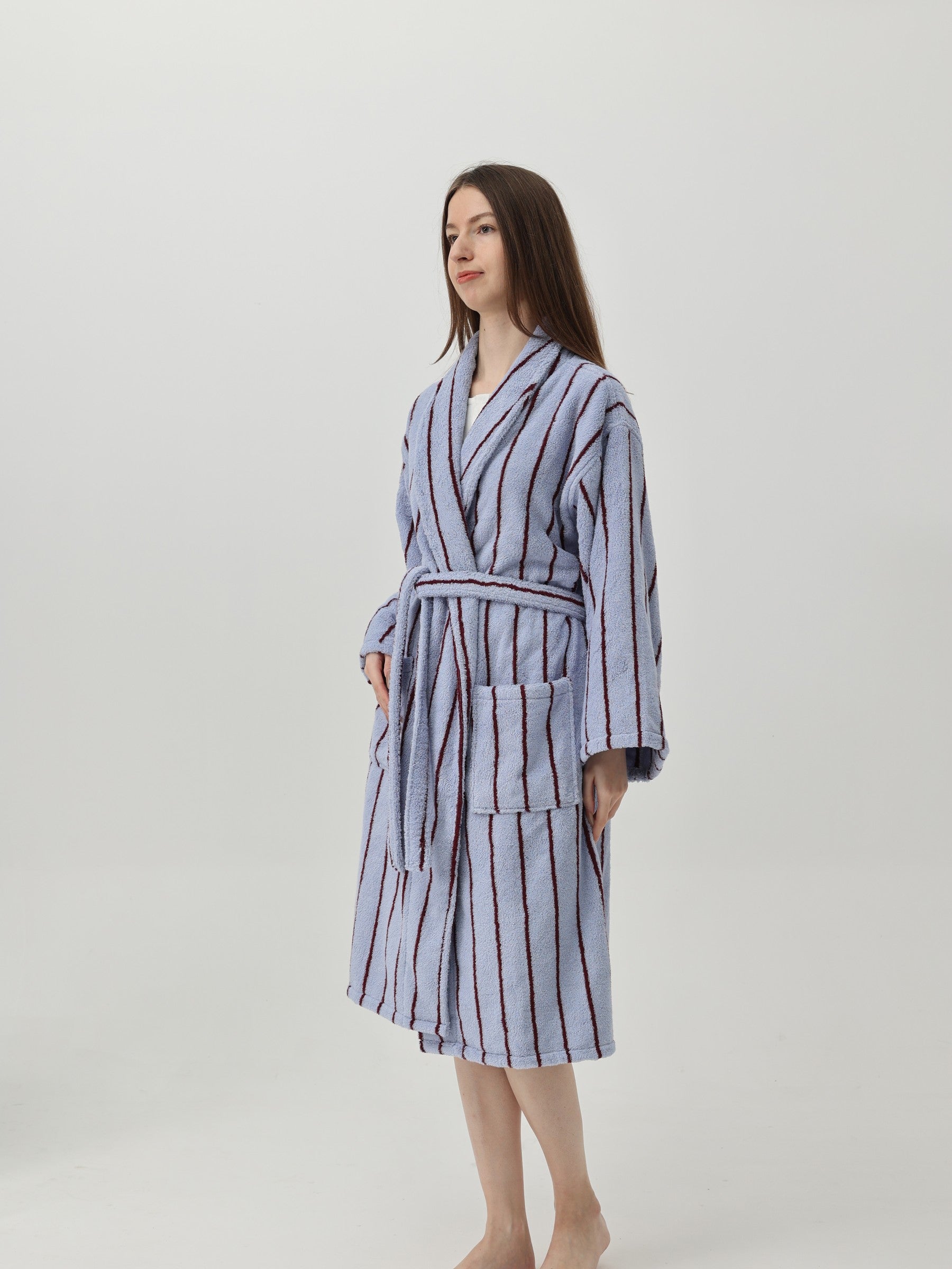 Retro Stripe Cotton Terry Bathrobe - Blue / Burgundy - view 5