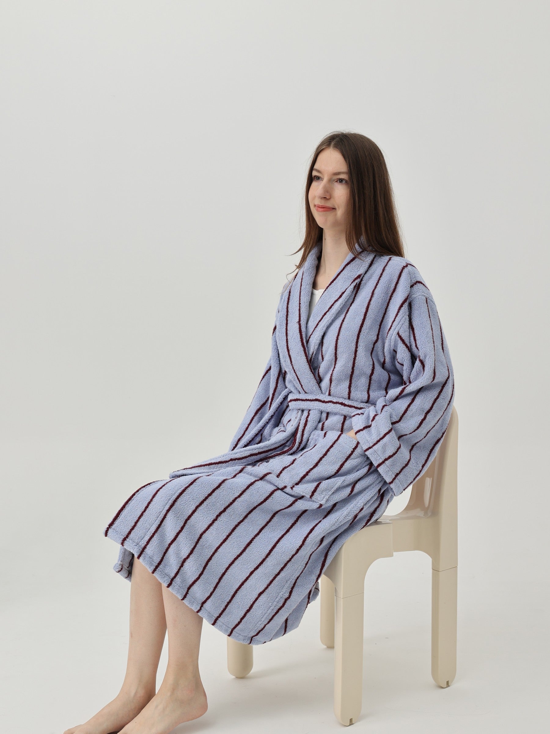 Retro Stripe Cotton Terry Bathrobe - Blue / Burgundy - view 6