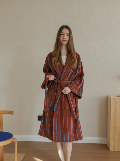 Retro Stripe Cotton Terry Bathrobe - Mocha / Blue - view 1