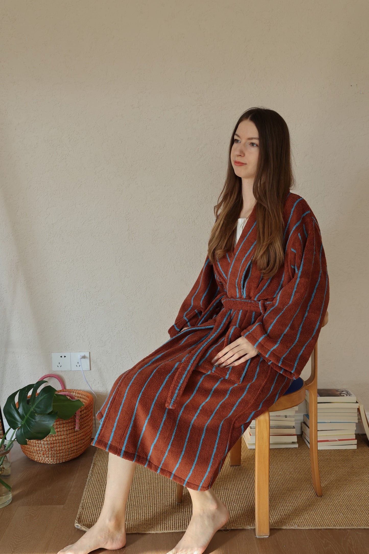 Retro Stripe Cotton Terry Bathrobe - Mocha / Blue - view 2