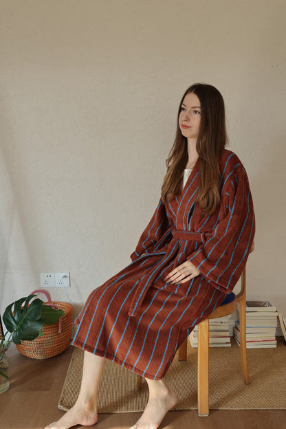 Retro Stripe Cotton Terry Bathrobe - Mocha / Blue - view 2
