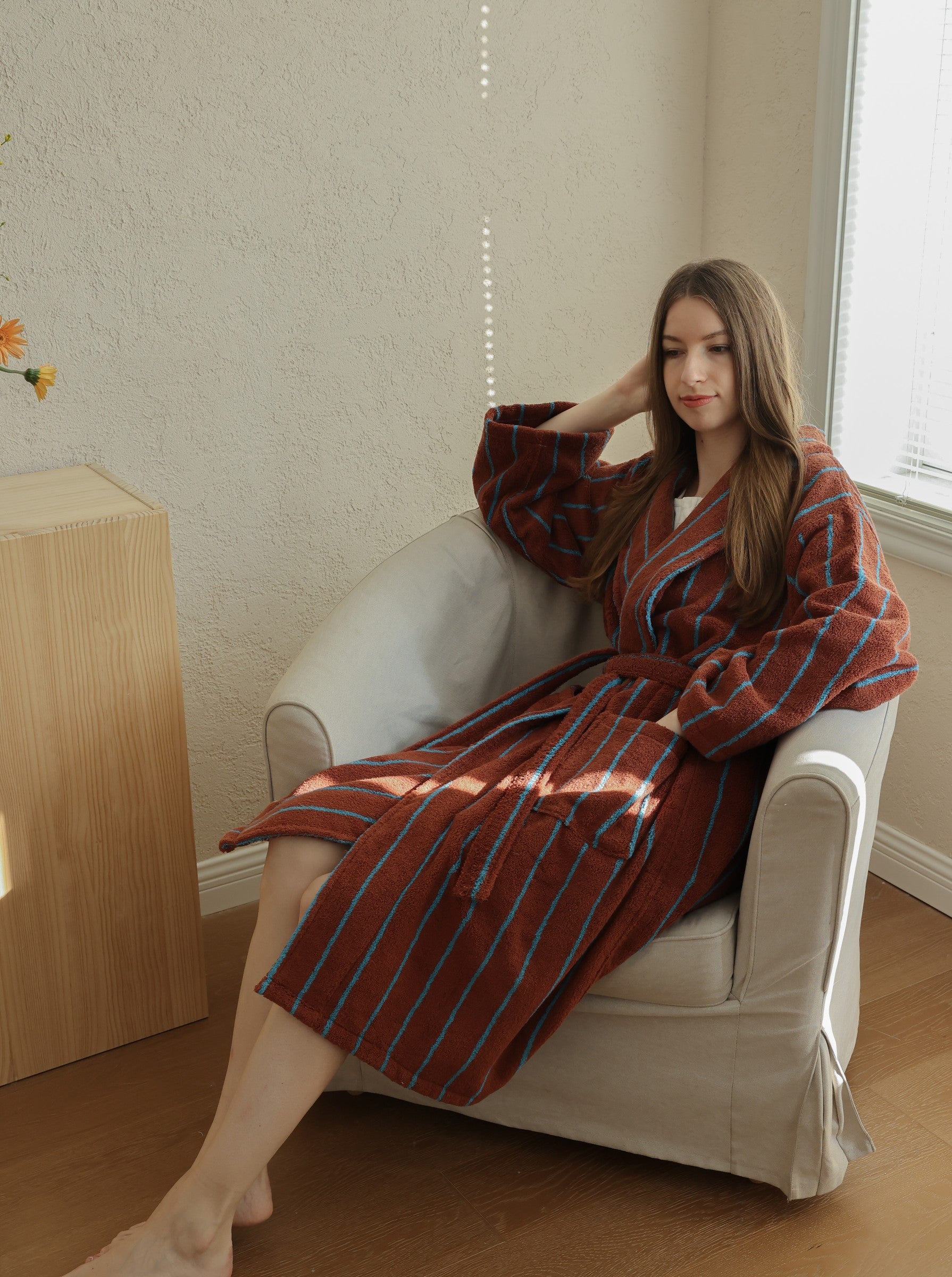 Retro Stripe Cotton Terry Bathrobe - Mocha / Blue - view 3
