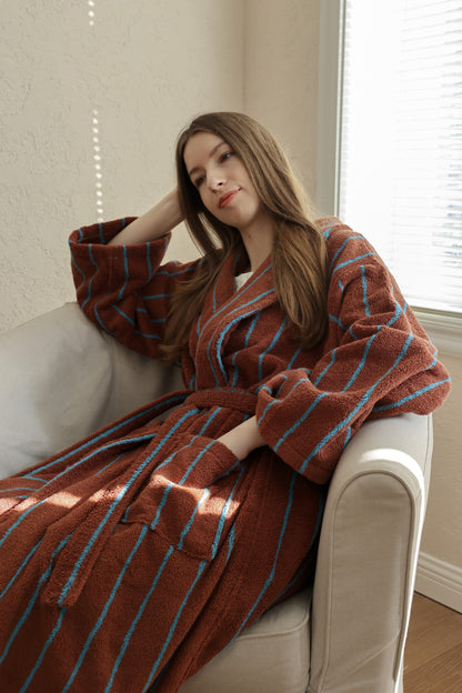 Retro Stripe Cotton Terry Bathrobe - Mocha / Blue - view 4