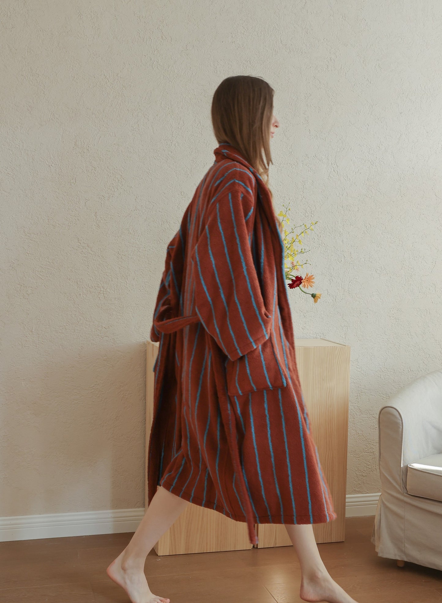 Retro Stripe Cotton Terry Bathrobe - Mocha / Blue - view 5