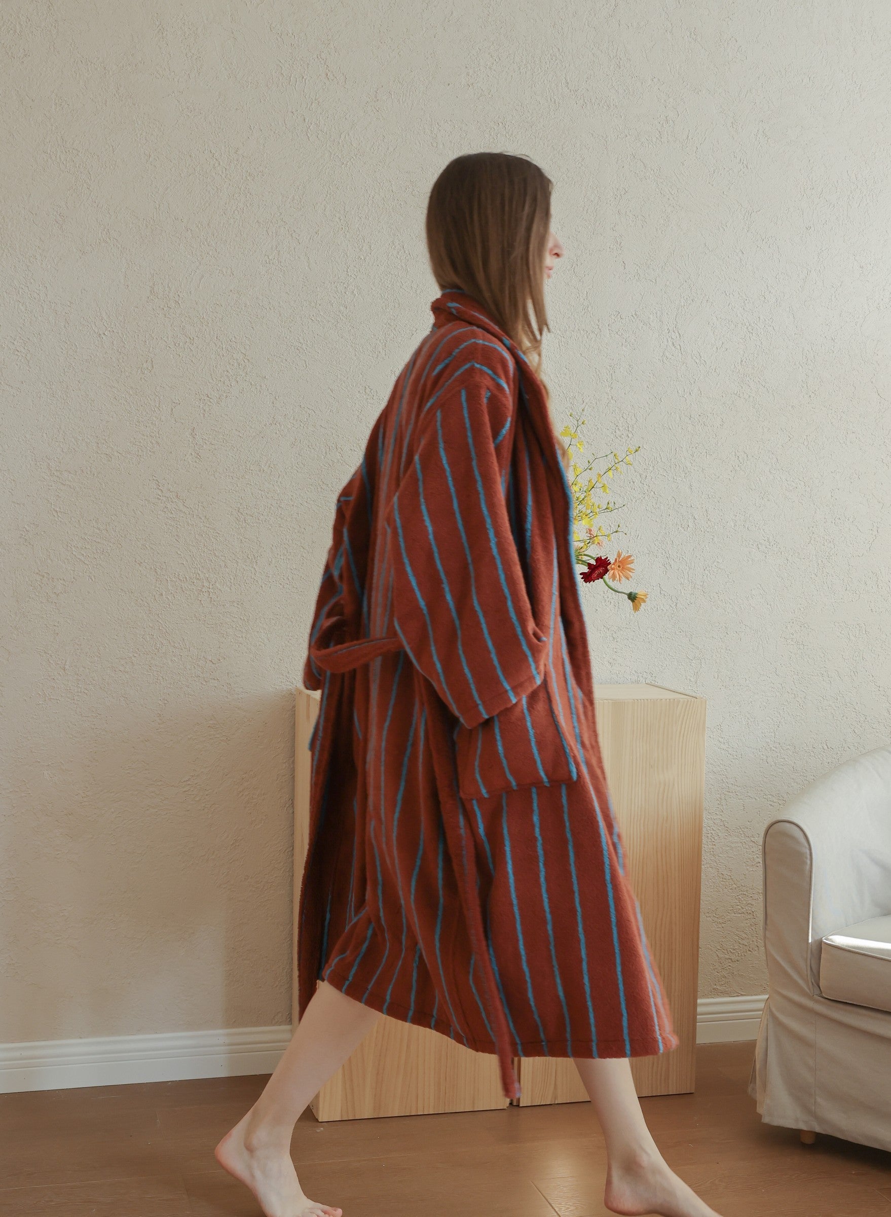 Retro Stripe Cotton Terry Bathrobe - Mocha / Blue - view 5