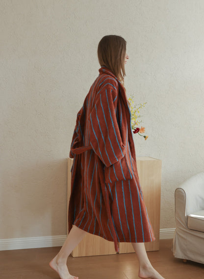 Retro Stripe Cotton Terry Bathrobe - Mocha / Blue - view 5