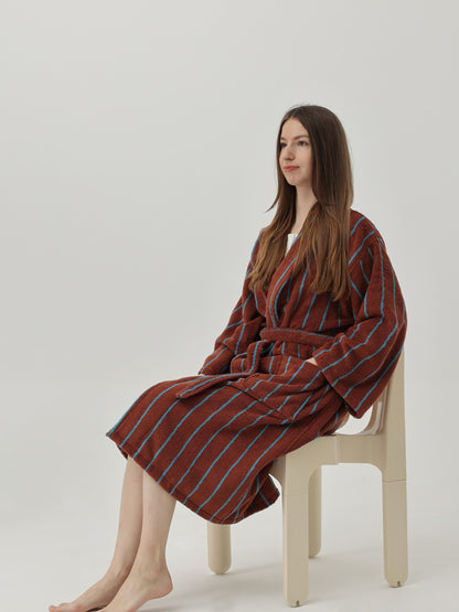 Retro Stripe Cotton Terry Bathrobe - Mocha / Blue - view 6