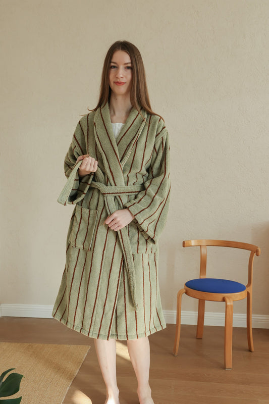 Retro Stripe Cotton Terry Bathrobe - Moss Green / Brown - view 1