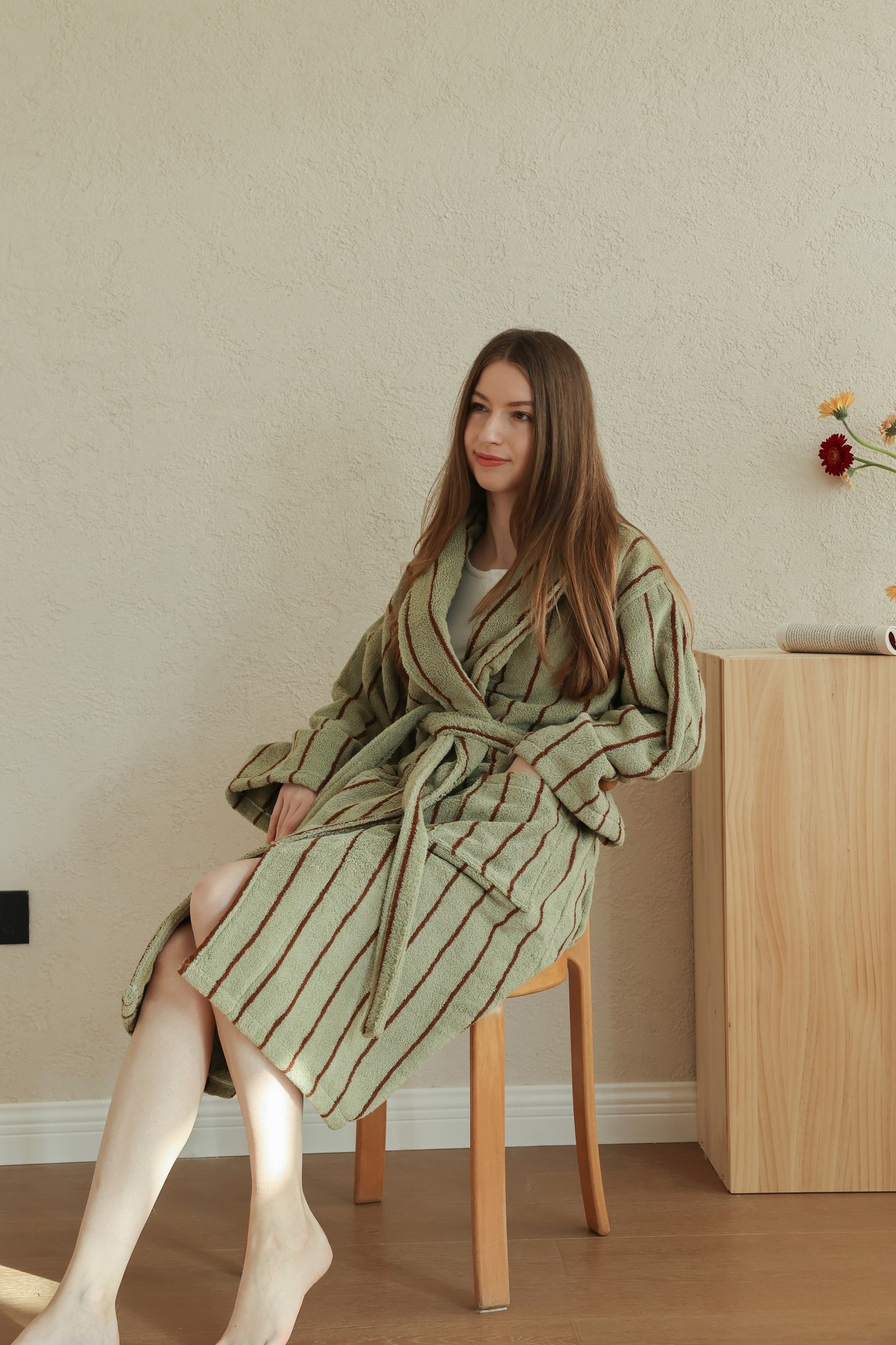 Retro Stripe Cotton Terry Bathrobe - Moss Green / Brown - view 2