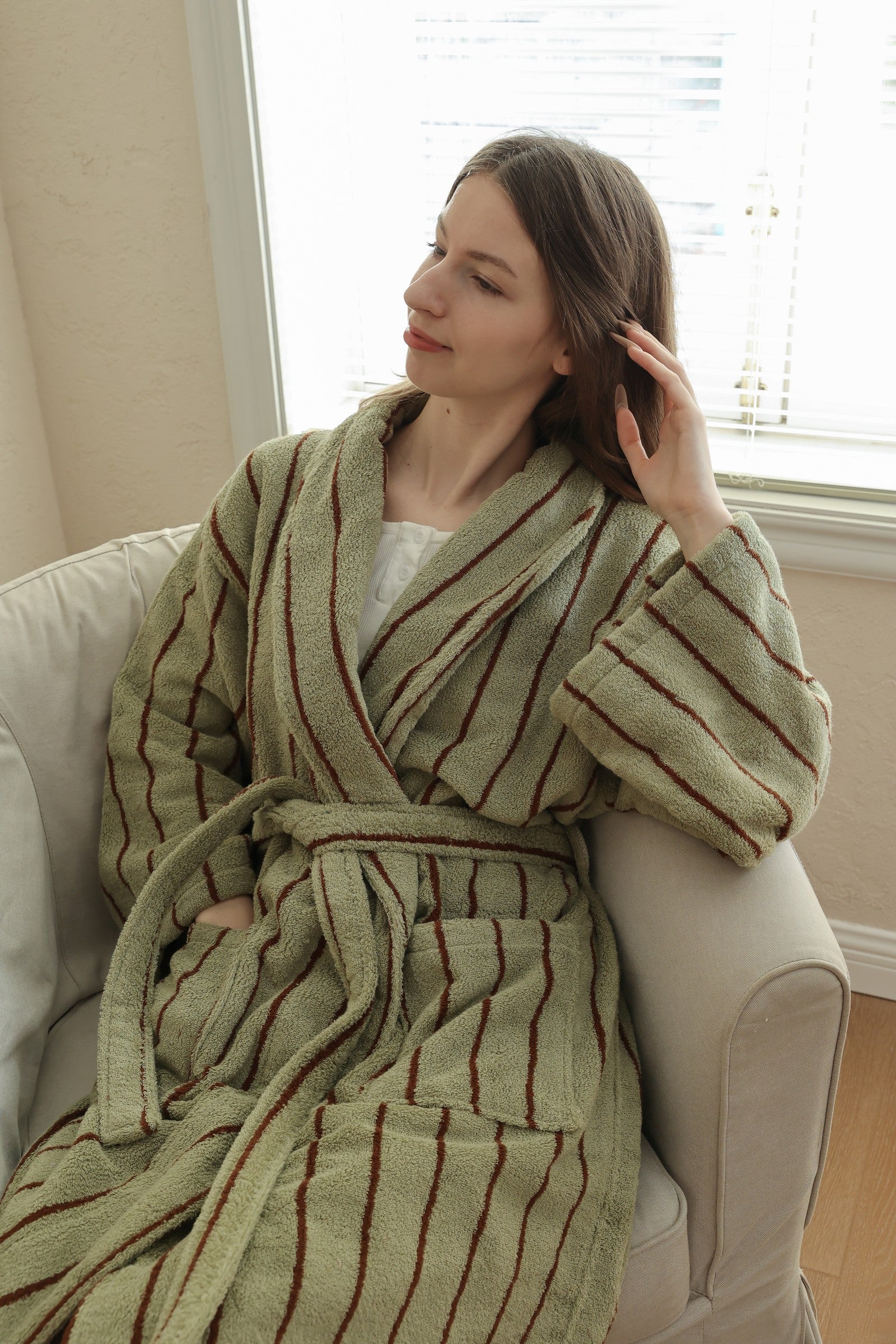 Retro Stripe Cotton Terry Bathrobe - Moss Green / Brown - view 3