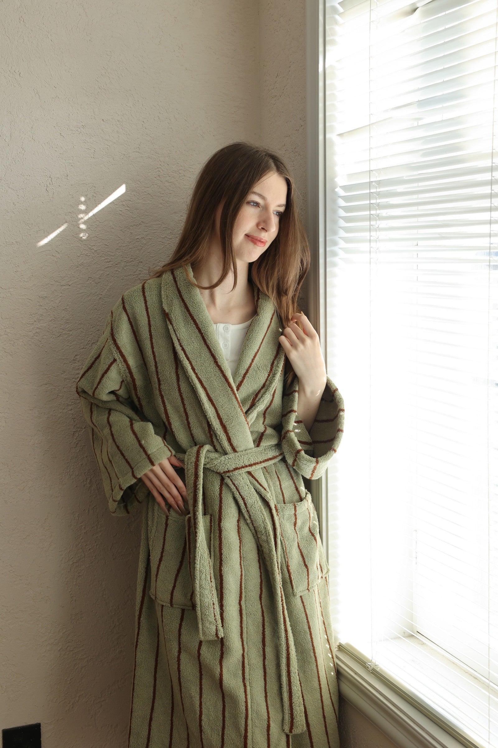 Retro Stripe Cotton Terry Bathrobe - Moss Green / Brown - view 4