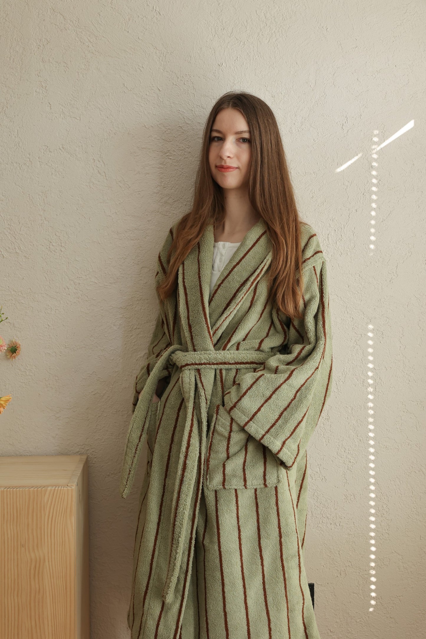 Retro Stripe Cotton Terry Bathrobe - Moss Green / Brown - view 5
