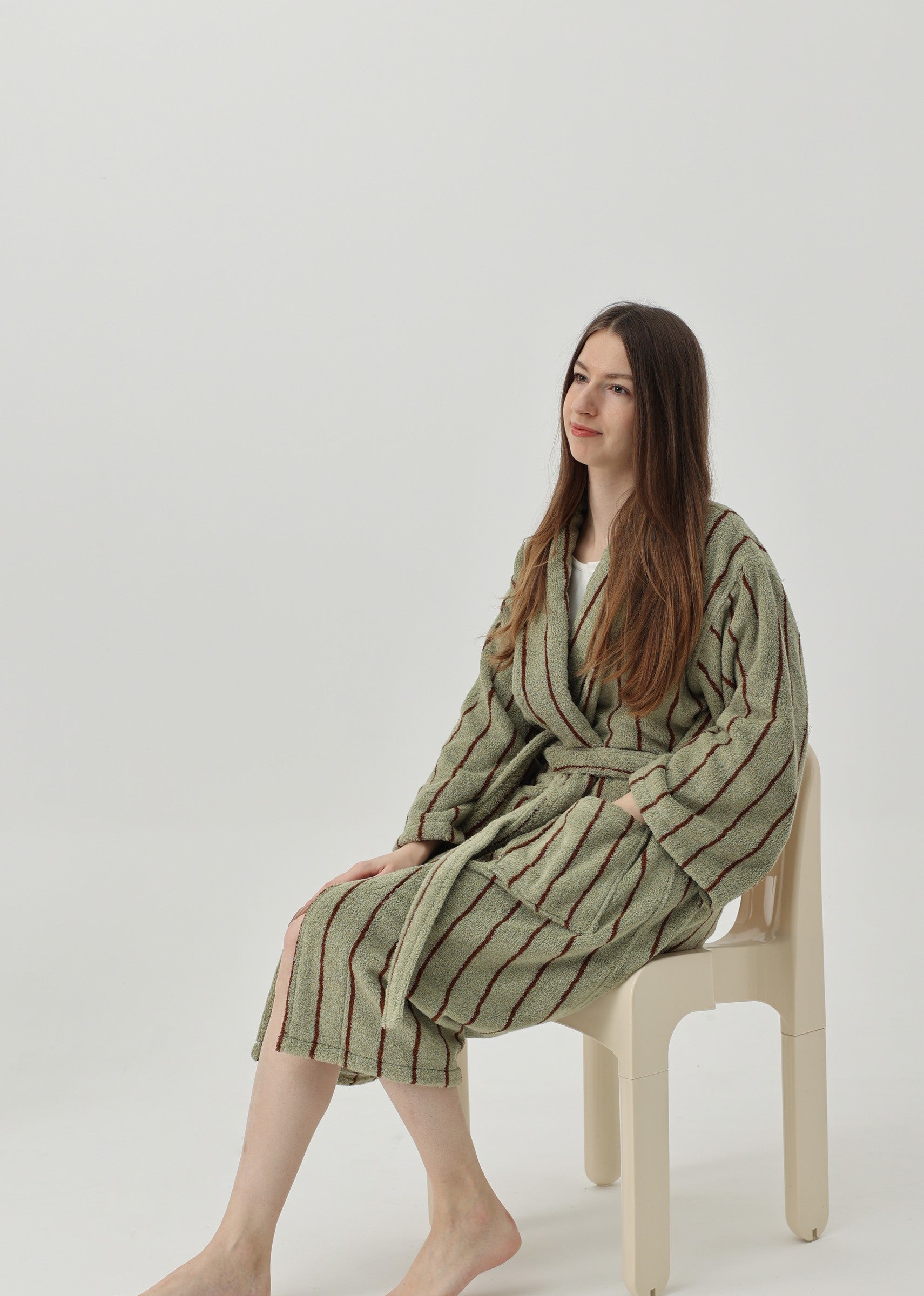 Retro Stripe Cotton Terry Bathrobe - Moss Green / Brown - view 6