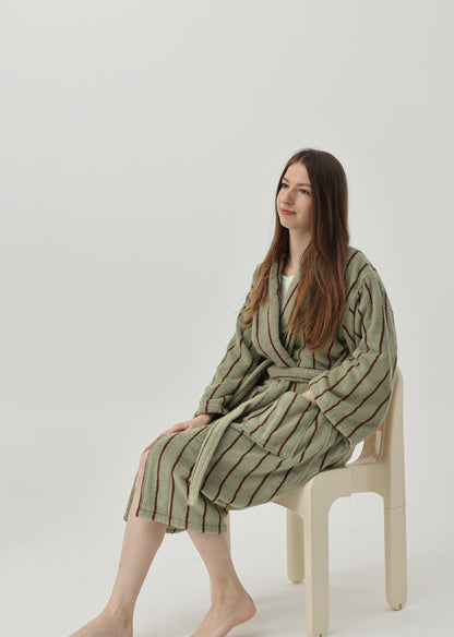 Retro Stripe Cotton Terry Bathrobe - Moss Green / Brown - view 6