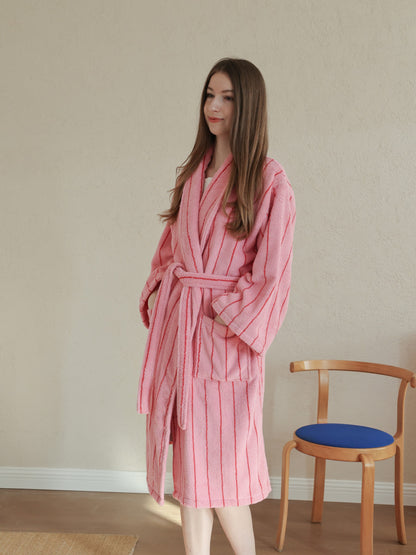Retro Stripe Cotton Terry Bathrobe - Rose Pink / Red - view 1