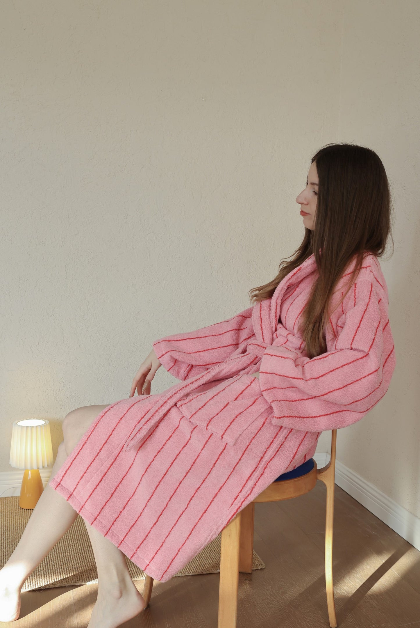 Retro Stripe Cotton Terry Bathrobe - Rose Pink / Red - view 2
