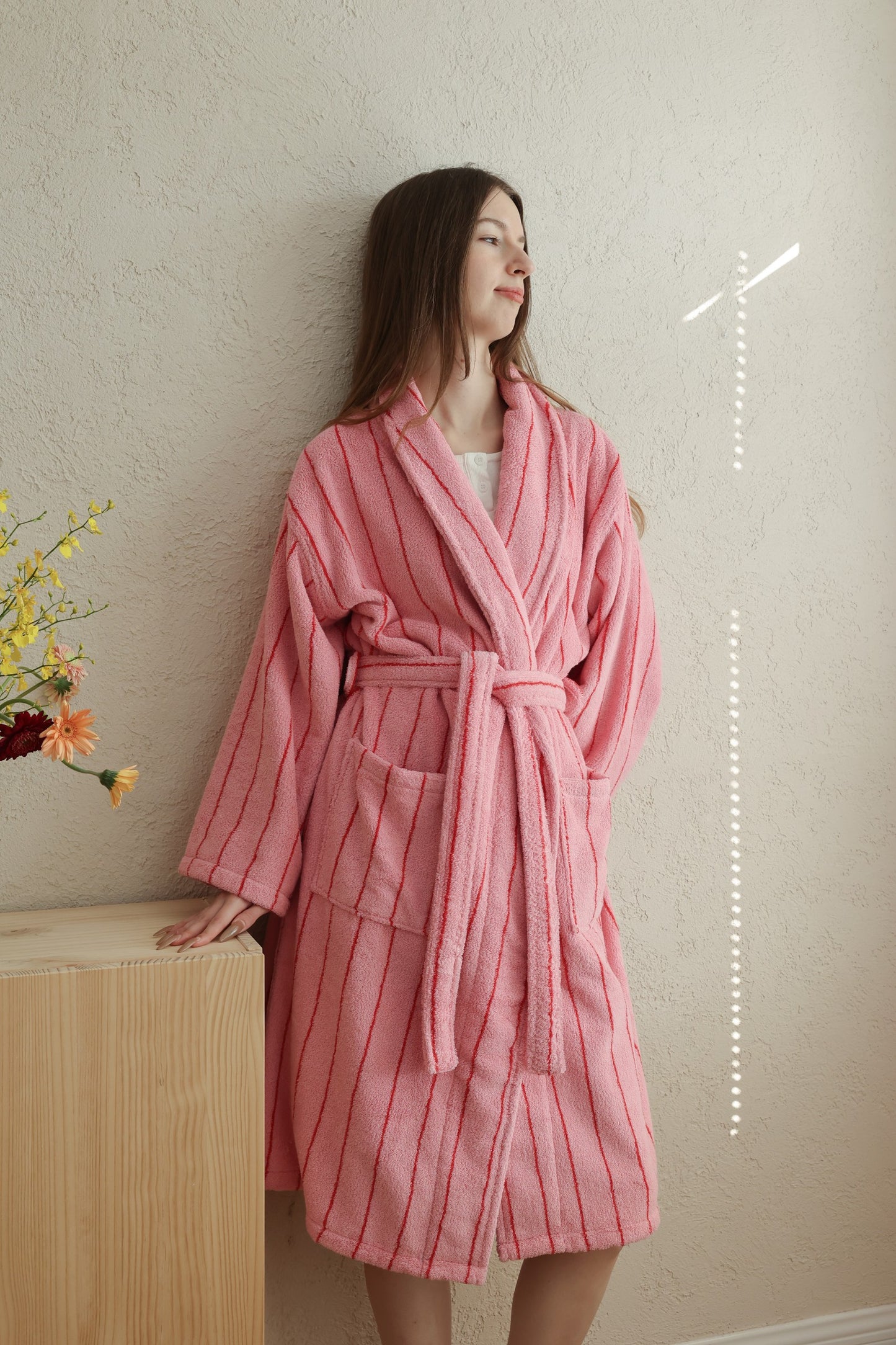 Retro Stripe Cotton Terry Bathrobe - Rose Pink / Red - view 4