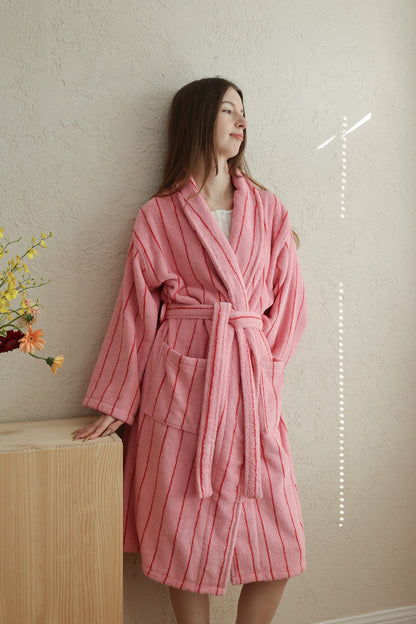 Retro Stripe Cotton Terry Bathrobe - Rose Pink / Red - view 4