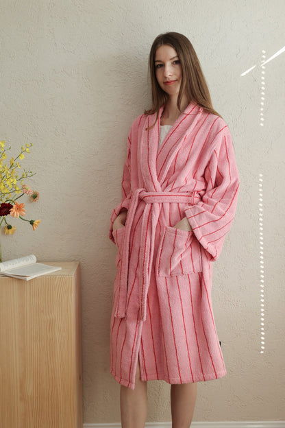 Retro Stripe Cotton Terry Bathrobe - Rose Pink / Red - view 5