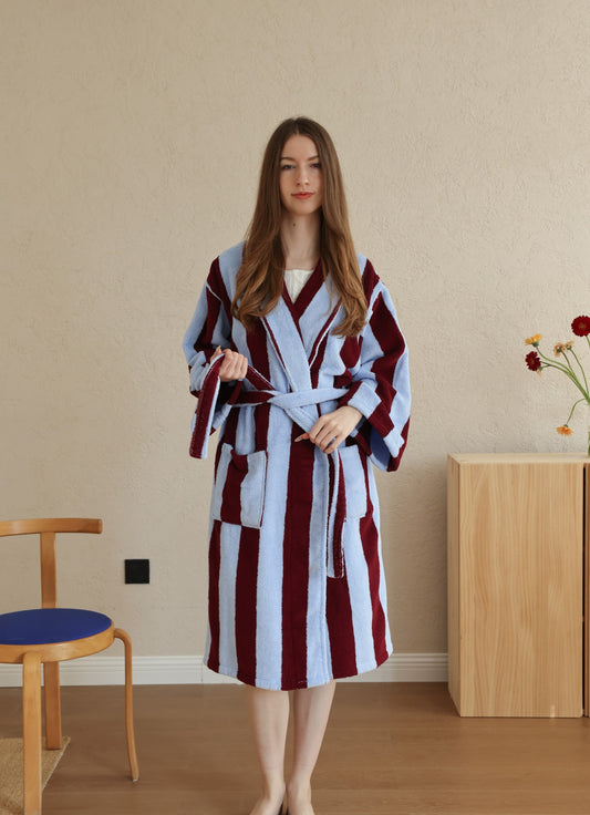 Retro Stripe Cotton Terry Bathrobe - Sky Blue / Bordeaux - view 1