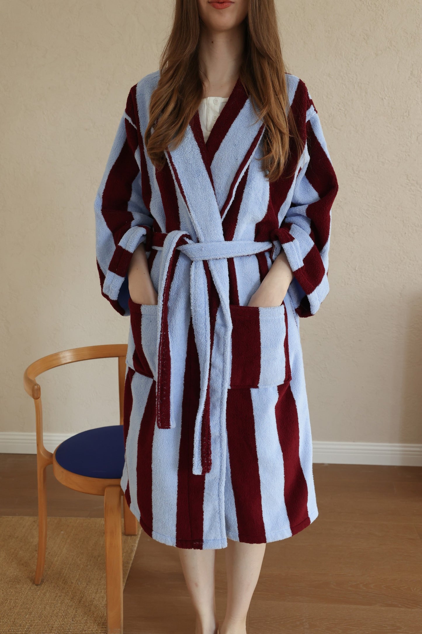 Retro Stripe Cotton Terry Bathrobe - Sky Blue / Bordeaux - view 2