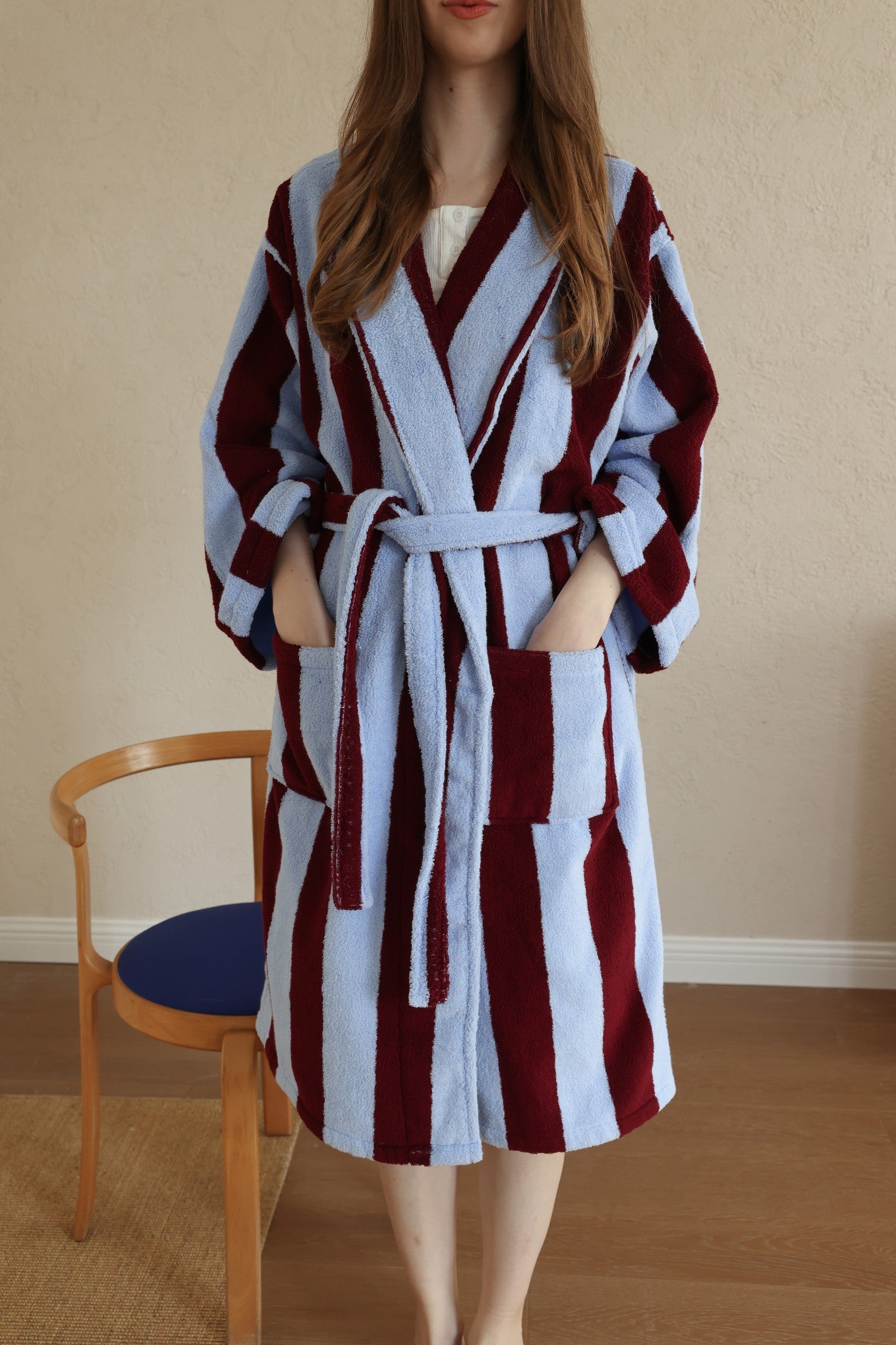 Retro Stripe Cotton Terry Bathrobe - Sky Blue / Bordeaux - view 2