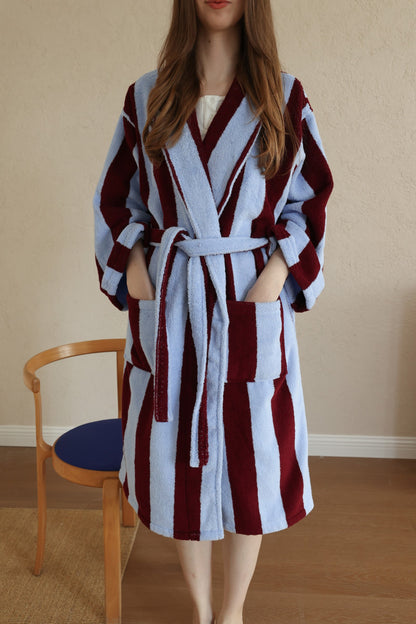 Retro Stripe Cotton Terry Bathrobe - Sky Blue / Bordeaux - view 2