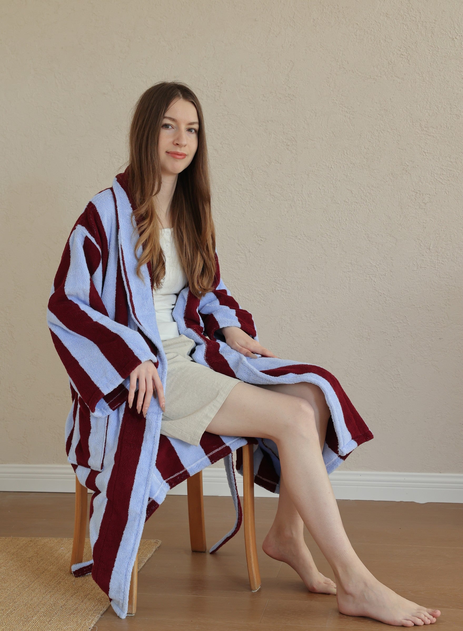Retro Stripe Cotton Terry Bathrobe - Sky Blue / Bordeaux - view 4