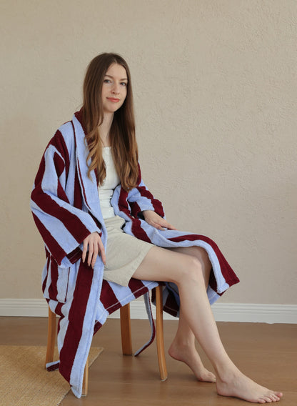 Retro Stripe Cotton Terry Bathrobe - Sky Blue / Bordeaux - view 4