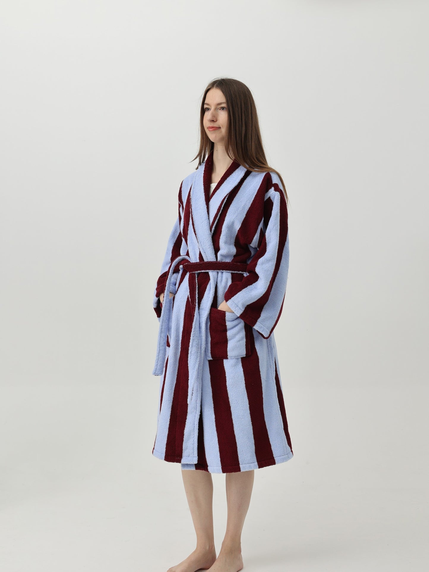 Retro Stripe Cotton Terry Bathrobe - Sky Blue / Bordeaux - view 5
