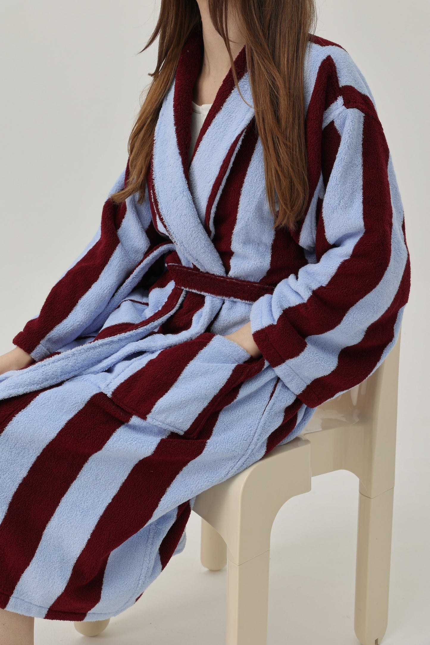 Retro Stripe Cotton Terry Bathrobe - Sky Blue / Bordeaux - view 6