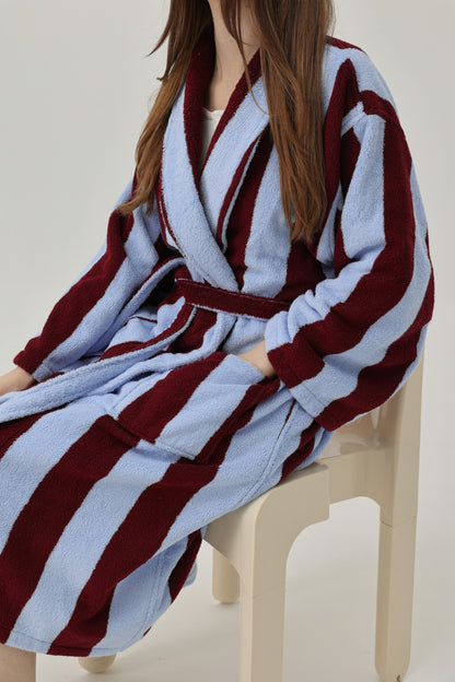 Retro Stripe Cotton Terry Bathrobe - Sky Blue / Bordeaux - view 6