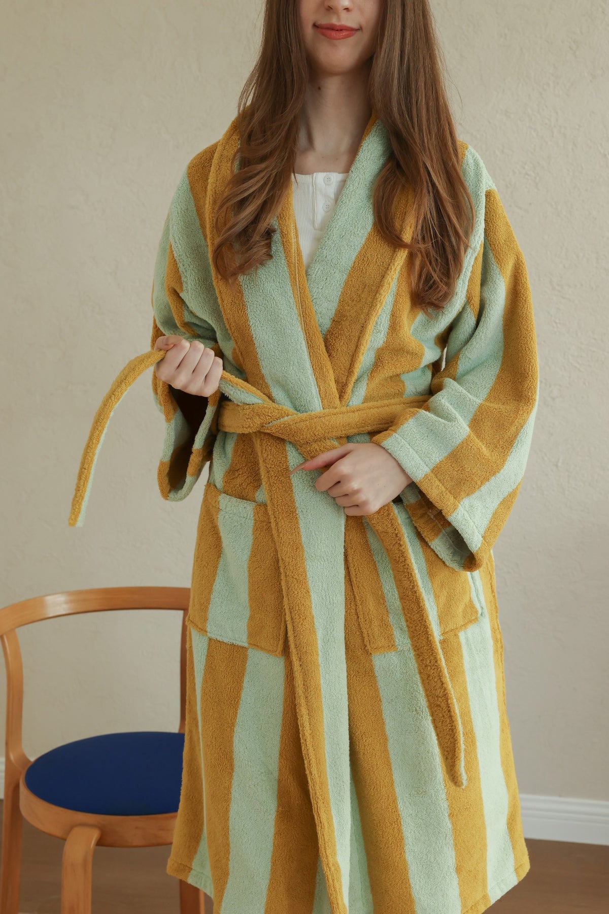 Retro Stripe Cotton Terry Bathrobe - Teal / Yellow - view 1