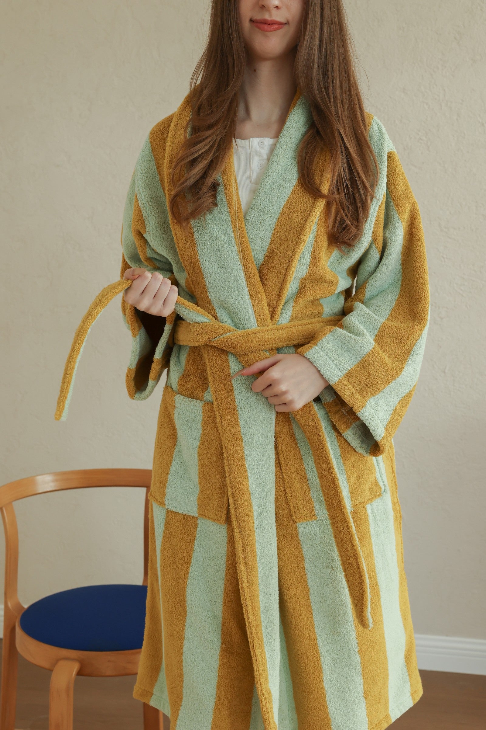 Retro Stripe Cotton Terry Bathrobe - Teal / Yellow - view 1
