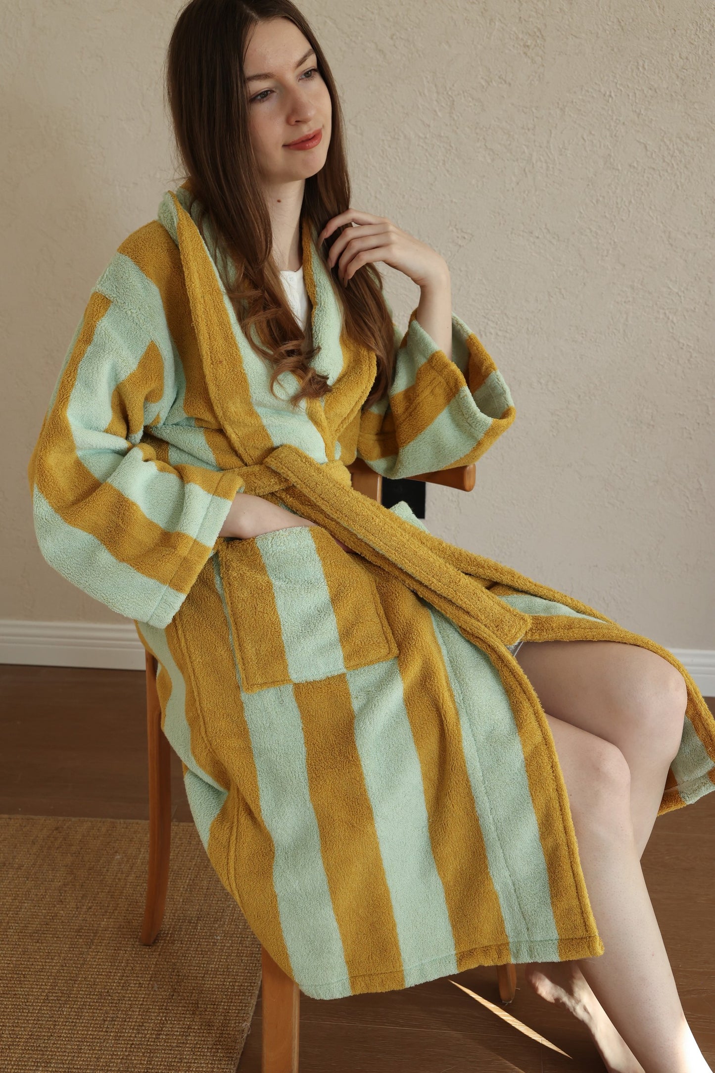 Retro Stripe Cotton Terry Bathrobe - Teal / Yellow - view 2