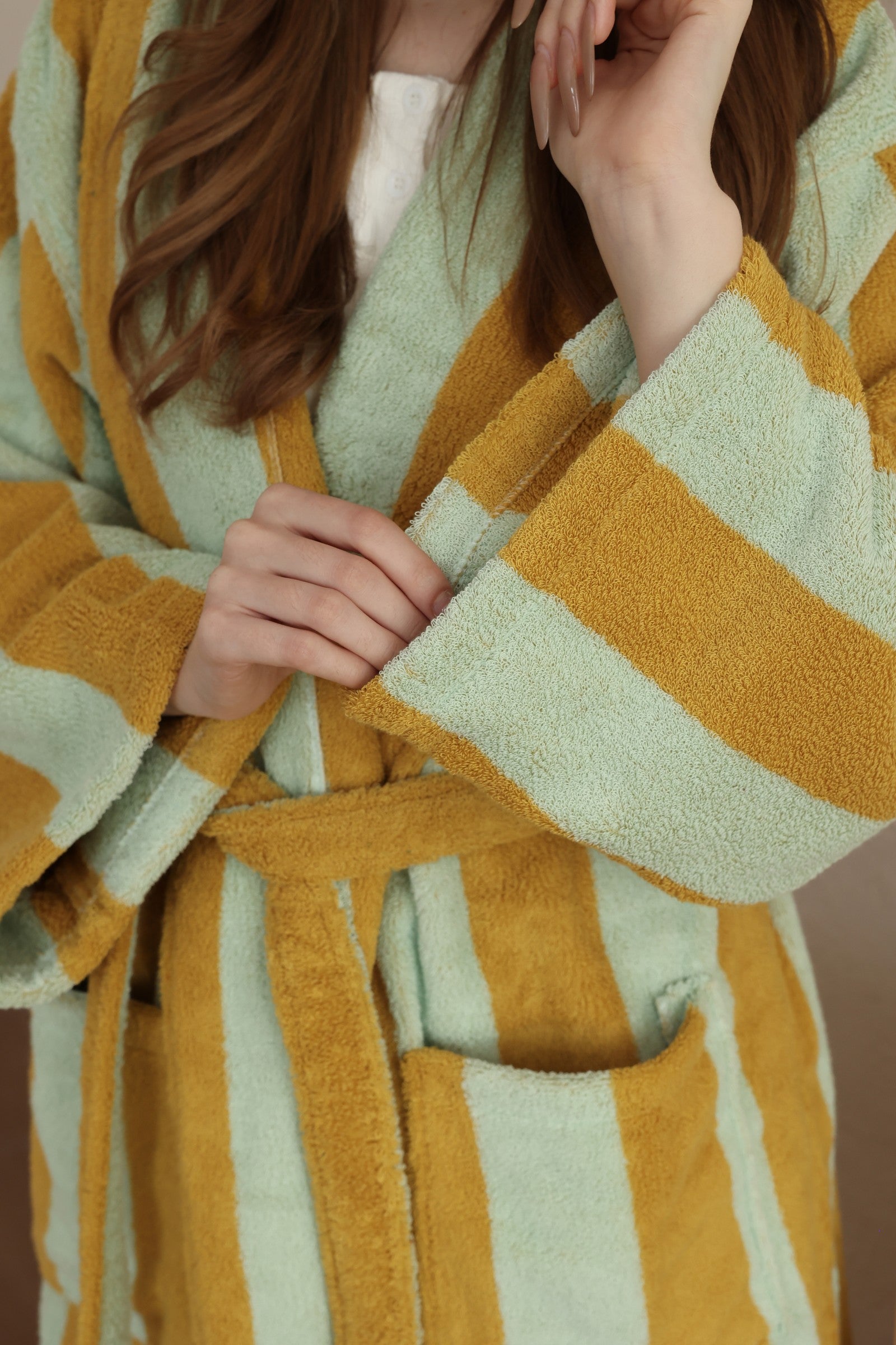Retro Stripe Cotton Terry Bathrobe - Teal / Yellow - view 3