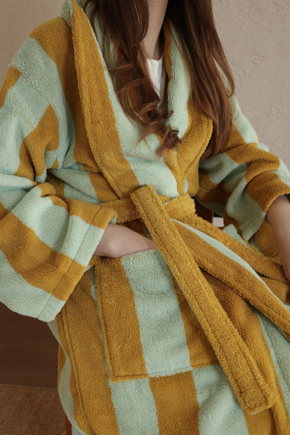 Retro Stripe Cotton Terry Bathrobe - Teal / Yellow - view 4