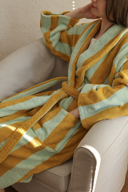 Retro Stripe Cotton Terry Bathrobe - Teal / Yellow - view 5