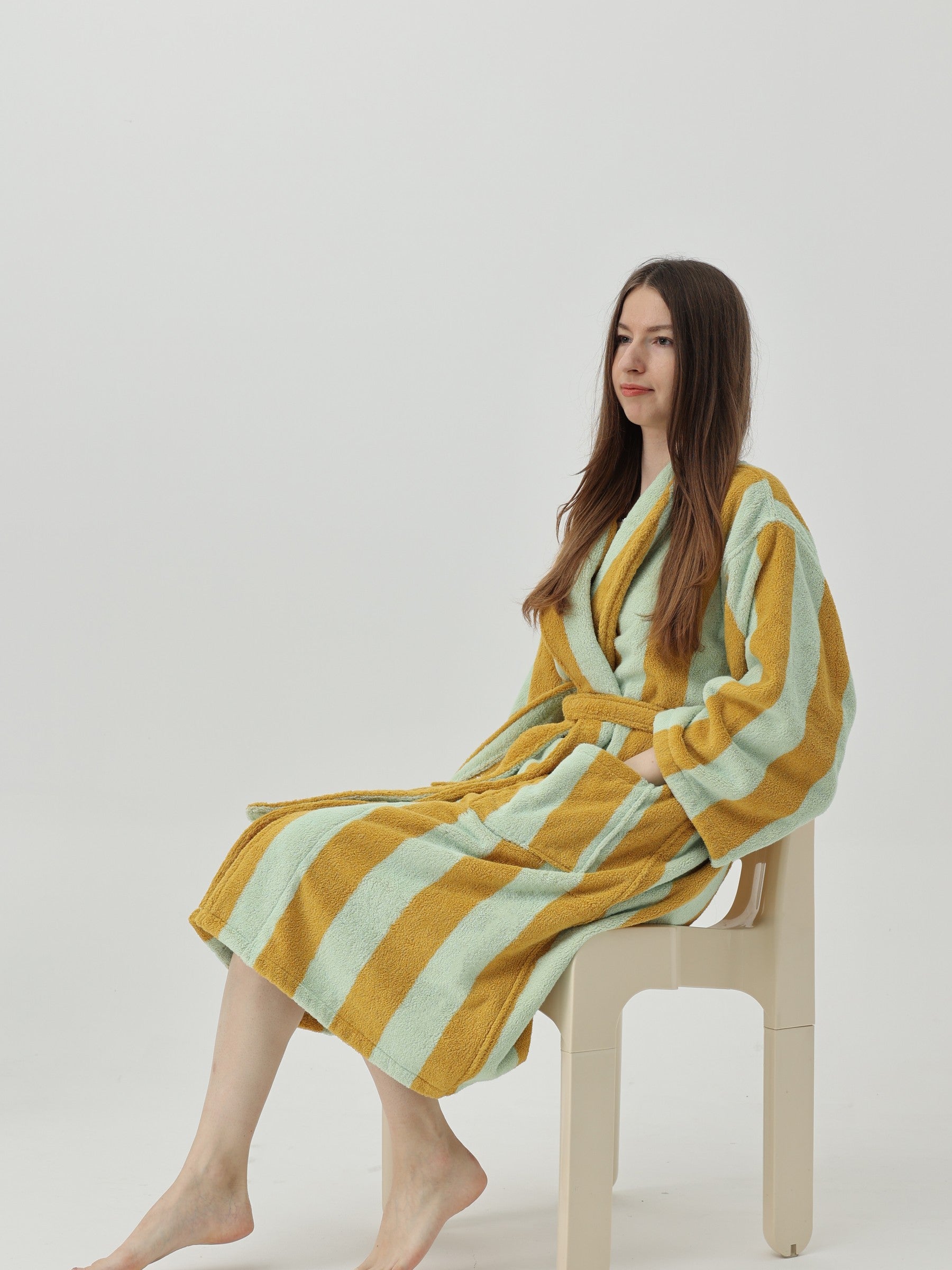 Retro Stripe Cotton Terry Bathrobe - Teal / Yellow - view 6